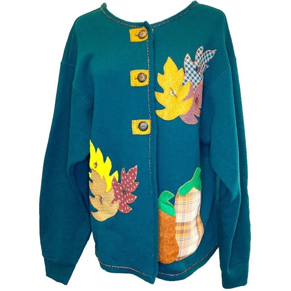 Vintage Sweater: Quilted Appliqué Autumnal Button-Up Cardigan - Picture 1 of 8